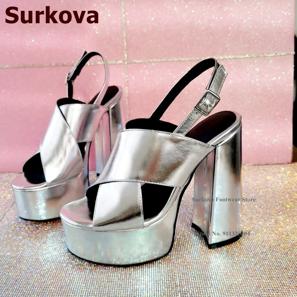 Surkova Gümüş Beyaz Siyah Blok Topuk Sandalet Kadınlar Yüksek Platformu Tıknaz Elbise Ayakkabı Toka Askı Slingback Lüks Ziyafet Pompaları