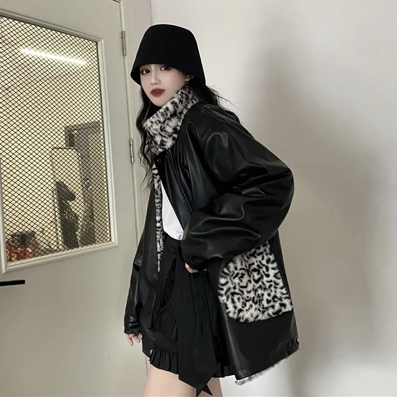 UHYTGF Deri Ceket Kadın Kış Ceket Kadın Streetwear Çift taraflı Leopar Siyah Deri Ceket Gevşek Boyutu Outerwear916