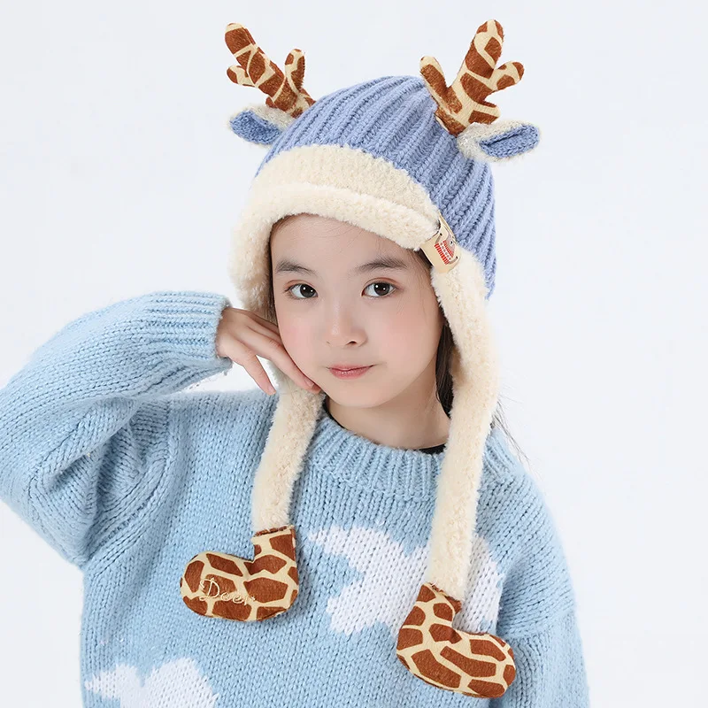 Çocuk kulak koruyucu Kap Sonbahar Kış Erkek Sevimli Ayı Örme Şapka Kızların Sıcak Kış Peluş Yün Kazak