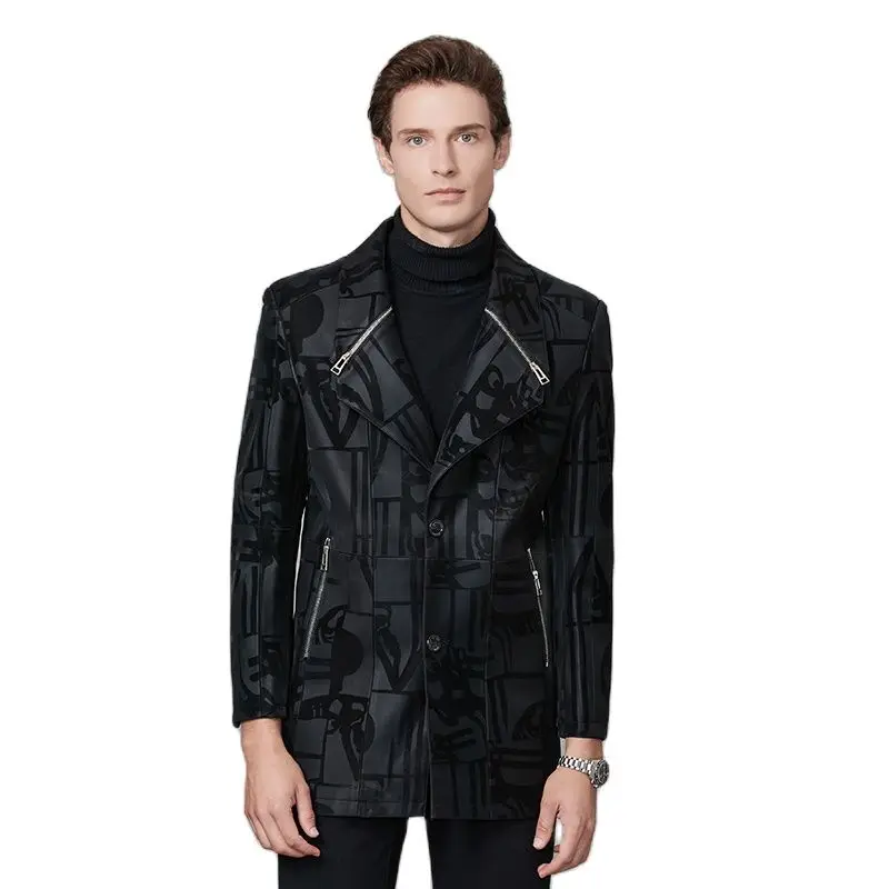 2023 Sonbahar Kış erkek Vintage Tasarım Baskı Suni deri ceketler Siper Erkek İş Klasik Slim Fit PU Takım Elbise Blazers Mont