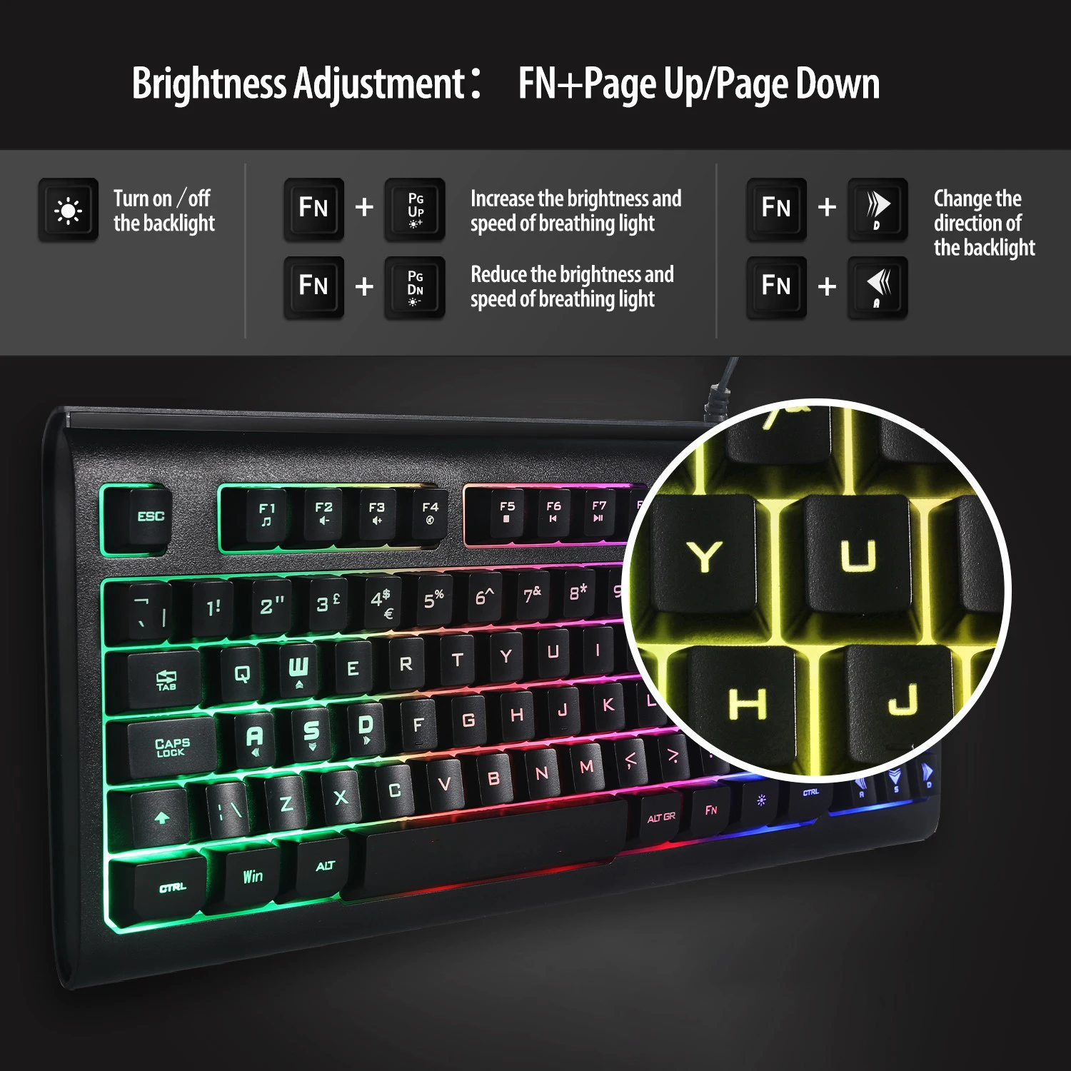Kablolu 87 tuşlu İNGİLTERE düzeni aydınlatmalı klavye ofis dizüstü oyun karışık ışık oyun klavyesi