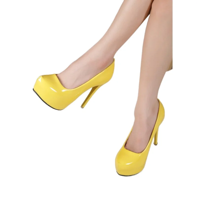 Kadın ayakkabısı Topuklu Pompalar Stiletto Slip-On Yuvarlak Ayak Patent Deri 12CM İnce Topuklu Klasik Ofis Kariyer Kadın Ayakkabı Sarı