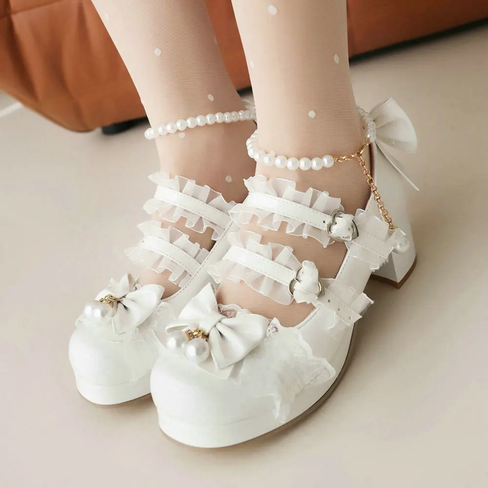 Kadın Tatlı Lolita Ayakkabı İnciler Dize Boncuk Dantel Ayak Bileği Kayışı Patent Deri Mary Jane Platformu Tıknaz Topuklu Parti Yay Pompaları