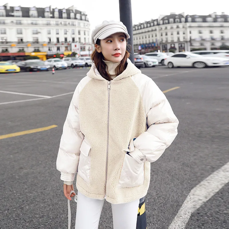 Moda Lambswool Patchwork Pamuk Ceket Kadın Kış Rüzgar Geçirmez Sıcak Kapşonlu Palto Zarif Tüm Maç Kısa Üst Dış Giyim JD1785