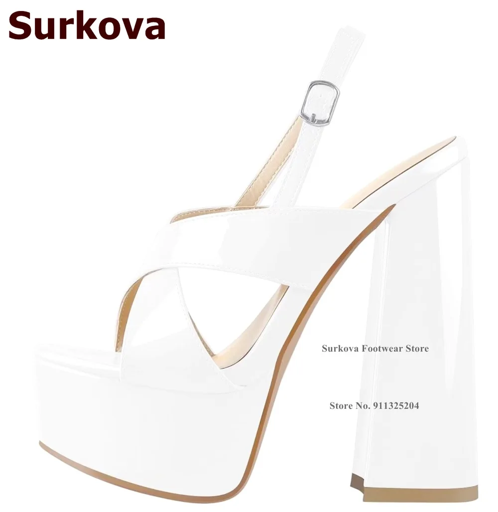 Surkova Gümüş Beyaz Siyah Blok Topuk Sandalet Kadınlar Yüksek Platformu Tıknaz Elbise Ayakkabı Toka Askı Slingback Lüks Ziyafet Pompaları