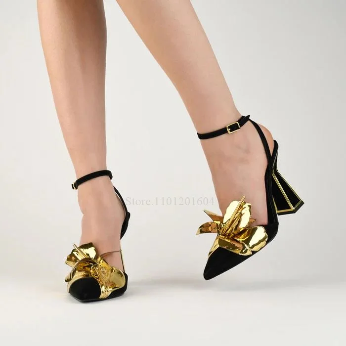 Yüksek Topuklu Marka Tasarım Kelebek Çiçek Pullu Kadınlar Bling Altın Siyah Sivri Slingback Toka Sandalet Aplikler Yaz Ayakkabı