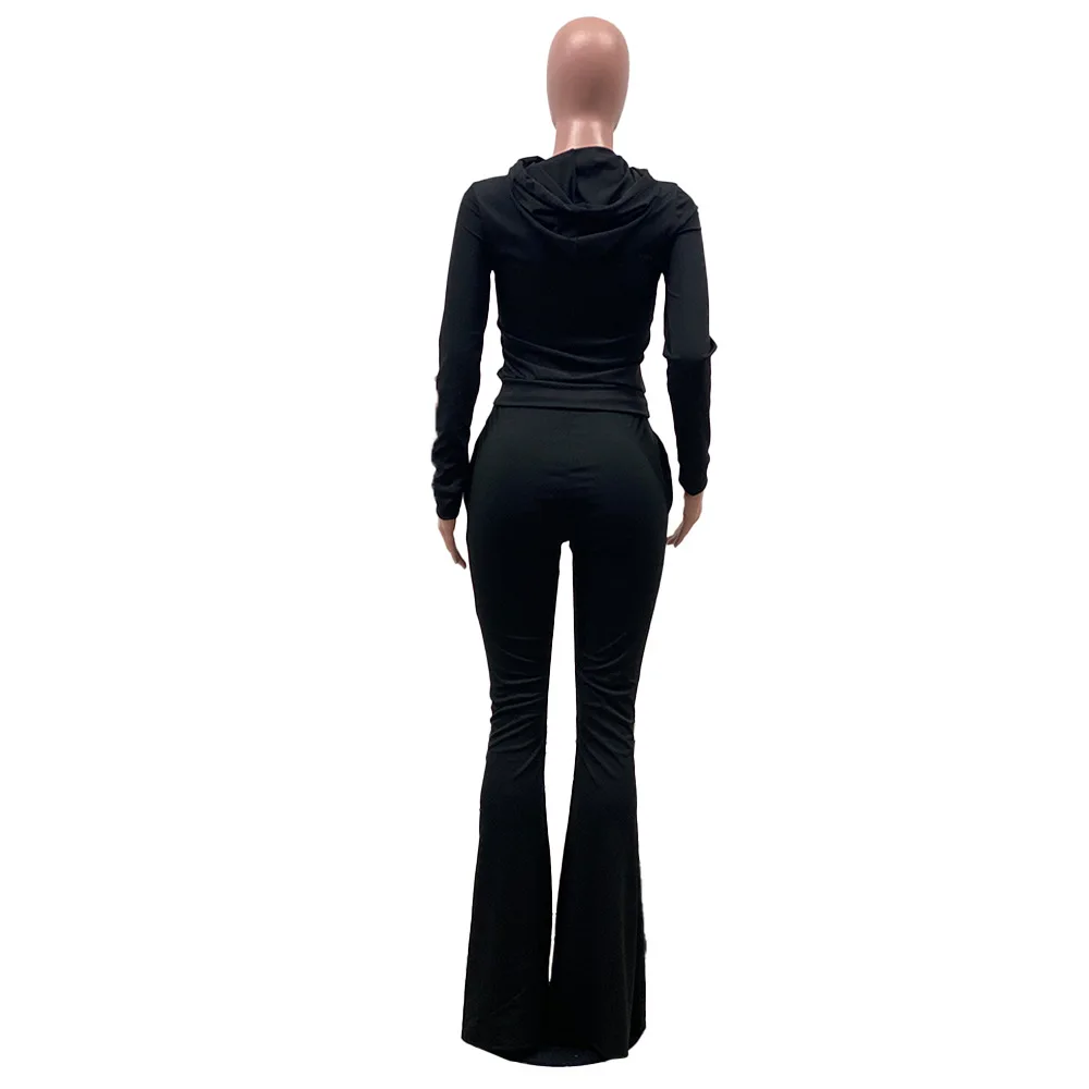 Adogirl 2020 Sonbahar Kadın Eşofman Uzun Kollu Hoodies Büyük Çan Alt Flare Pantolon Katı İki Parçalı Set Moda Rahat Takım Elbise