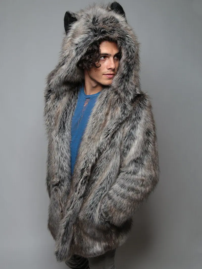 Erkek Faux Fox Kürk Ceket 2019 Rahat Artı Boyutu Çift Kapşonlu Kalın Sıcak Kürk Ceket Ceket Kedi Kulak Sıcak Uzun Kollu Ceket Palto
