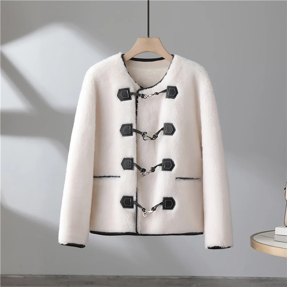 Kürek Chic Faux Kürk Ceket O-Boyun Vintage Uzun Kollu Hırka Kadın 2023 Kış Metal Düğme Kısa Tip Ceket