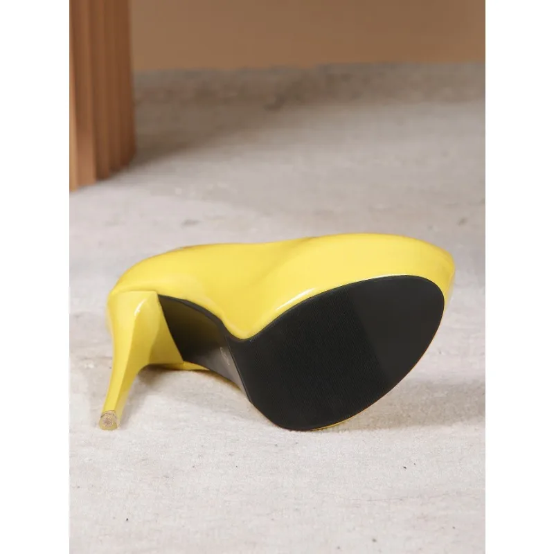 Kadın ayakkabısı Topuklu Pompalar Stiletto Slip-On Yuvarlak Ayak Patent Deri 12CM İnce Topuklu Klasik Ofis Kariyer Kadın Ayakkabı Sarı