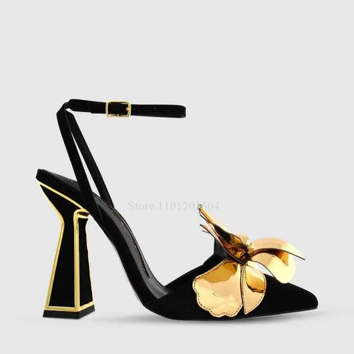 Yüksek Topuklu Marka Tasarım Kelebek Çiçek Pullu Kadınlar Bling Altın Siyah Sivri Slingback Toka Sandalet Aplikler Yaz Ayakkabı