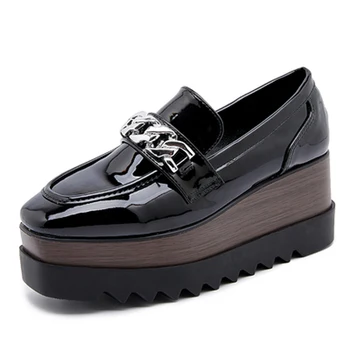Siyah Platformu Takozlar Ayakkabı 8 cm Gümüş Zincir Kare burunlu yüksek Topuklu Rahat Kadın Sürüngen Bahar Bej Ayakkabı Femme Kama