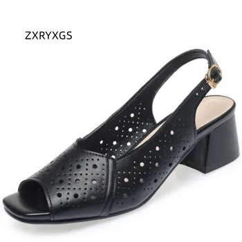ZXRYXGS 2023 Premium İnek Derisi İçi Boş Balık Ağzı Sandalet Kadın Deri Sandalet Büyük Boy Konfor Yumuşak Orta Topuk Moda Sandalet