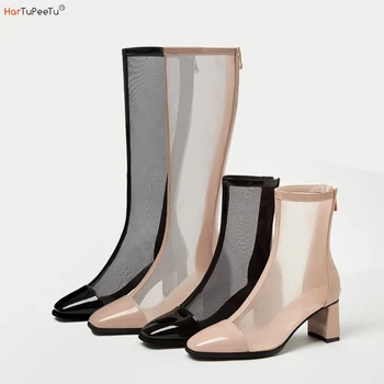 Boyutu 34-51 Yaz Sandalet Çizmeler Kadın 2023 Rahat Topuklu Rugan Örgü İçi Boş Sivri Burun Tüm Maç Zapatos Mujer