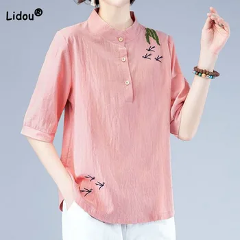 Vintage Moda Düz Renk Nakış Yarım Kollu T-shirt Kadın Yaz kadın Giyim Rahat Gevşek Standı Yaka Düğmesi Üstleri