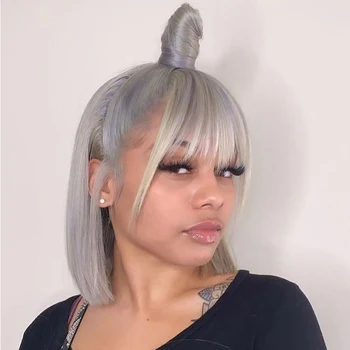 Brezilyalı İnsan Saçı Peruk Patlama İle Düz Gri Patlama Peruk Gümüş Gri Bob Peruk Tam Makine Uzun Remy Saç Peruk Kadınlar İçin 150%