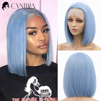 Kısa Düz Dantel ön peruk Bob Mavi Sentetik Wgıs Siyah Kadınlar İçin ısı sıcaklığı Saç Doğal Parti Lolita Cosplay Günlük