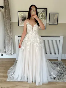 Seksi Spagetti Sapanlar V Yaka düğün elbisesi Kadınlar İçin 2023 Backless Sweep Tren Dantel Aplikler Özelleştirmek Ölçüleri Zarif
