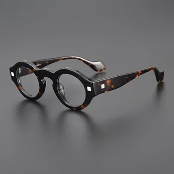 Vintage gözlük çerçevesi erkek asetat yuvarlak miyopi gözlük erkekler kalın çerçeve kaplumbağa siyah gözlük Anti Blie ışık-100-200