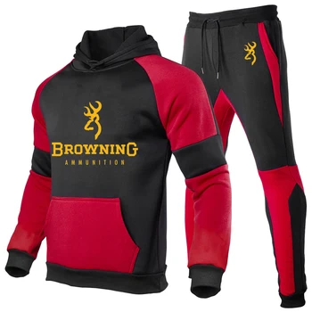2023 İlkbahar Sonbahar erkek BROWNİNG Logo Baskı Cep Tasarım Kapüşonlu Sweatshirt + Moda Spor pantolon Patchwork Pamuk 2 Parça Set