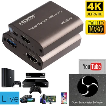 4K 60hz Döngü HDMI Yakalama Kartı Ses Video Kayıt Plakası Canlı Akış USB 2.0 3.0 1080p Kapmak PS4 Oyun DVD Kamera