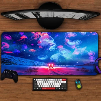 Neon Oyun Halısı Mor Uzay Mousepad Mavi Mouse Pad 1000x500mm Soyut Estetik Pastel sümen Ekstra Büyük 1200x600 Gezegen