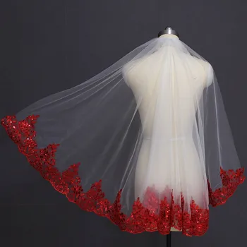 Bling Sequins Kırmızı Dantel Beyaz Fildişi Tül Kısa düğün duvağı Tek Katmanlı Gelin Peçe ile Tarak Düğün Aksesuarları