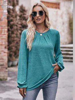 2023 Sonbahar Vintage Tee Gömlek Kadınlar İçin Moda O Boyun Uzun Kollu Zarif Streetwear Üstleri Kadın Artı Boyutu Rahat T Shirt