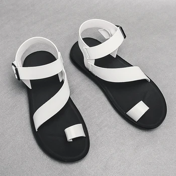 Beyaz Erkek Sandalet Pu Deri Siyah erkek ayakkabısı El Yapımı Toka Kayış Yaz Erkek Sandalet Boyutu 38-45