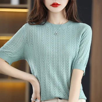 Kadın T-Shirt Yaz Yeni Yuvarlak Boyun Kısa Kollu Rahat Örme Üst %100 % Pamuk Gevşek Kazak Yelek