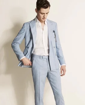 2023 Yeni Mavi Keten erkek Takım Elbise Damat Kişiye Özel Düğün Özel Kruvaze Erkek Blazer 2 Adet (Ceket + Pantolon)