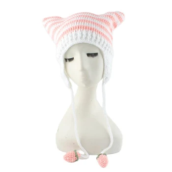 Yeni Moda Streetwear Harajuku Bere El Yapımı Tığ Çizgili Sevimli Şapka Kadın Kızlar Sonbahar Kış Kedi Kulaklar Kap Çilek