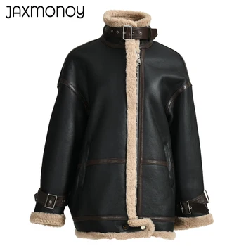 Jaxmonoy Kış Kuzu Kürk Ceket Kadınlar Doğal Hakiki Deri Shearlıng Mont Sonbahar Kalın Sıcak Tam Kollu Kürk Ceketler Kadın