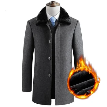 Kış Kalın Sıcak Ceketler Uzun Yün Palto Erkekler Rahat Ince Kürk Yaka Palto Yün Palto Tavuskuşu Siper Rüzgarlık Ceket