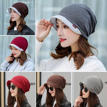 1 ADET Kış eşarp türban bere şapka örgü Hindistan şapka şapka Müslüman kadın moda fırfır düz renk