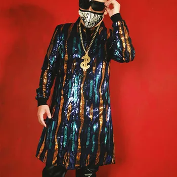 Moda Erkek Şarkıcı DJDS Sequins Performans Elbise Orta Uzunlukta Rüzgarlık Ceket Gece Kulübü Bar Sahne Elbise
