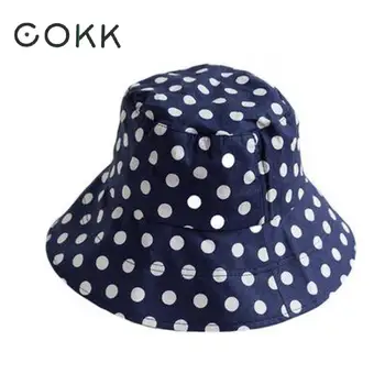 COKK Kova Şapka Kadın Kore Yumuşak Balıkçı Kap Yaz balıkçı şapkası Pamuk Siyah Beyaz Mavi Nokta Desen Güneş Şapka Kadın Geniş Ağızlı