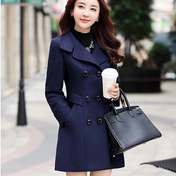 2023 Yeni Kruvaze Yün Ceket Palto Büyük Giyim Kore Dış Giyim Lacivert İlkbahar Sonbahar İnce Yün Kadın Mont
