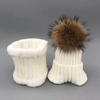 2022 kış şapka seti Erkek Kız Çocuklar Sıcak Polar Astar Şapka seti Kış Şapka Çocuklar İçin Bebek 100 % Kürk Ponpon Skullies Beanies