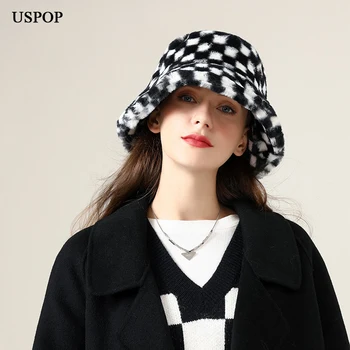 USPOP 2021 Yeni Kış Şapka Kadın Peluş Ekose Kova Şapka Kalın Sıcak panama şapkası