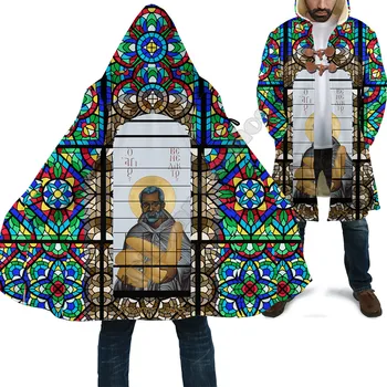 Aziz Benedict Afrika Vitray Pelerin 3D Baskılı Kış Kapşonlu Pelerinler Polar Rüzgar kesici Unisex Sıcak Palto