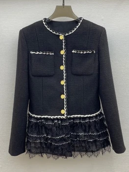Sonbahar Ceket Kadın Giyim Tek Göğüslü O-Boyun Ceket Kadın Kore Zarif Bayanlar siyah dantel patchwork Örgü Tüvit Ceket