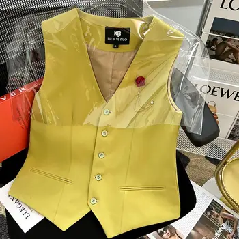 Casual Katı Kolsuz Ceket Tek Göğüslü V Yaka Ofis Bayan Zarif Yelek İlkbahar Yaz Kadın Takım Elbise Yelek Giyim M627