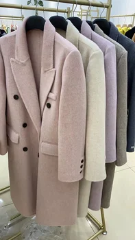 Kadın Sonbahar Kış Uzun Kollu Kruvaze Gevşek Yün Ceket Bayan Kore Tarzı Uzun Yün Dış Giyim Kruvaze Ceket