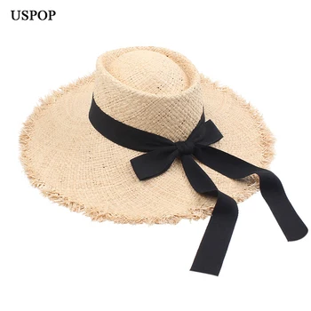 USPOP Kadın güneş şapkaları kadın el yapımı rafya hasır şapkalar yay şerit plaj şapkaları kadın yaz hasır güneş şapkaları