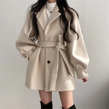 Orta Uzunlukta Blazer Yaka Yün Ceket Kadın Kuşaklı Kış Ceket Niş Vintage Gevşek Moda Palto Katı trençkotlar