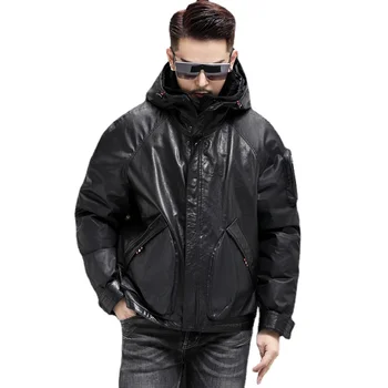 Kış Hakiki Deri aşağı Ceket Deri Ceket erkek İnek Derisi Kapüşonlu Ceket Gevşek Mekanik Tarzı İş Giysisi Çıkarılabilir Astar Ceket