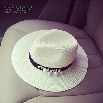 COKK Yeni Bahar yazlık şapkalar Kadınlar Için Çiçek Boncuk Geniş Kenarlı Caz Panama Şapka Chapéu Feminino Güneşlik plaj şapkası Cappello