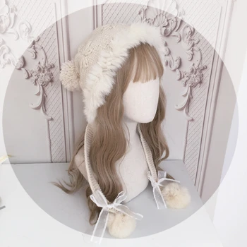 Lolita eleman sonbahar ve kış sıcak tavşan kürk kulak koruyucu şapka örme yün şapka sevimli kürk topu
