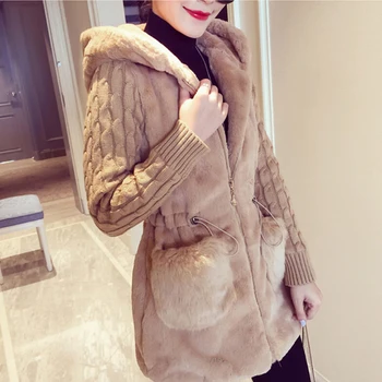 Kadın Kış Ceket kapüşonlu ceket Kürklü Faux Kürk Örgü Kazak Ceket Sıcak Kabanlar Coat Bayanlar Casual Palto jaqueta